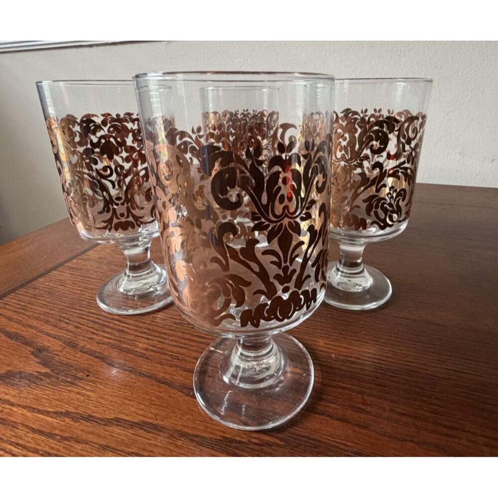 Target Gold Swirl Goblets 2007 Holiday Pedestal Glasses Brocade 16oz Set of 4